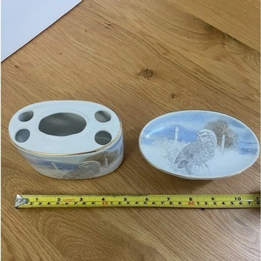 Otagiri Owl Bathroom Set Unisex OS Blue Good Vintage Ceramic Japan 3pc Gold Trim